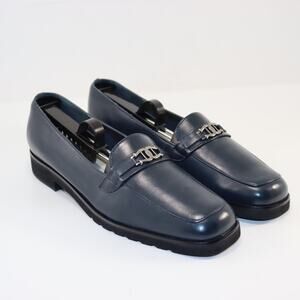 Etienne Aigner Navy Leather Loafers 7.5M Gold Logo Preppy